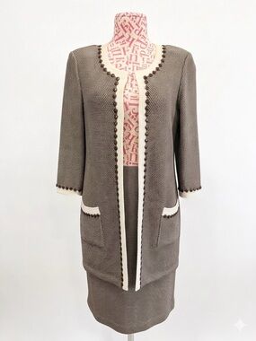 St. John Collection RT 08 Brown Ivory Check Suit Skirt Set Jacket 2 Skirt 4 Flaw